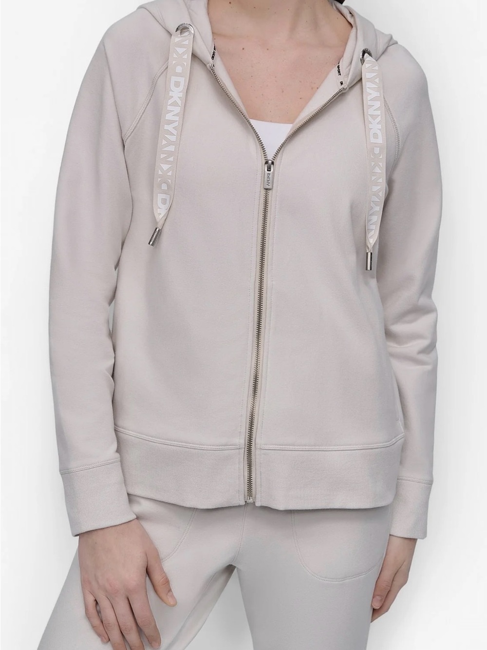 DKNY Cream Zip-Up Logo-Trim Hoodie